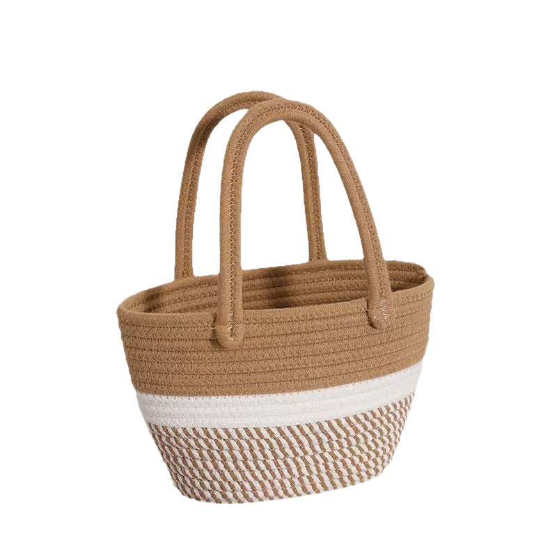 Retro Striped Cotton Woven Straw Detail Vacation Beach Handheld Basket Bag