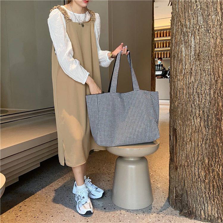 08253 Japanese And Korean Simple And Fresh Plaid Double-Sided Shoulder Bag Student Female Casual Large Capacity Dual-Use Cloth Bag