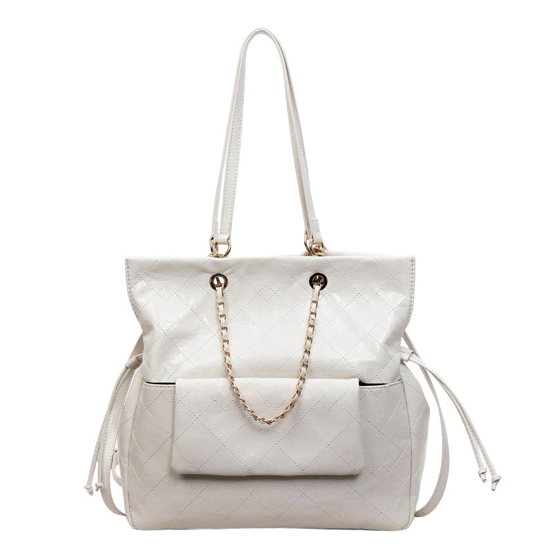 Glossy Quilted Convertible Backpack Tote Bag with Chain Detail
