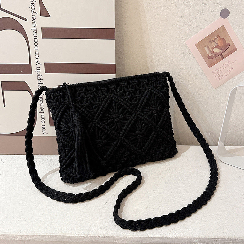 Cotton Ethnic Hand-Woven Hollow Tassel Crossbody Bag