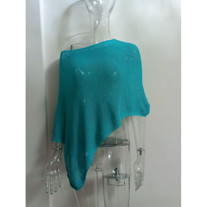 2025 Design Irregular Cape Shawl Sun Protection Shirt Women'S Season Loose Lazy Thin Ice Silk Knitted Sweater Top
