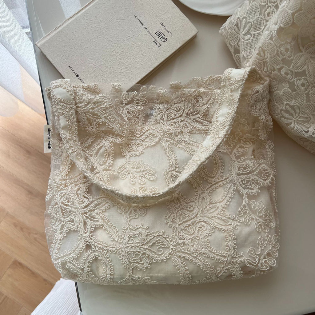 [Suxi Cloth Bag] French Lace Embroidered Gauze Cotton Bag Single Shoulder Underarm Women'S Canvas Bag Literary Simple Retro