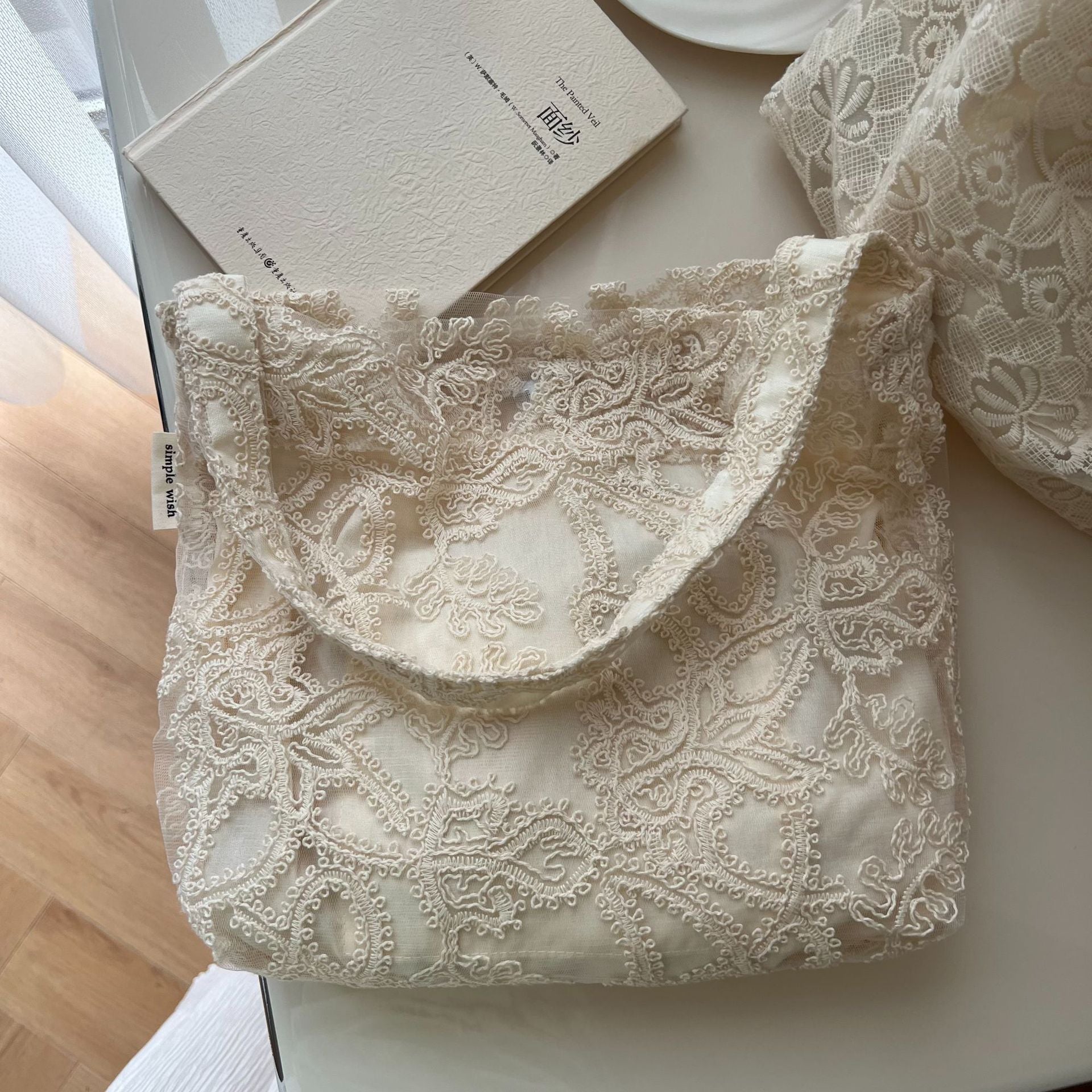 [Suxi Cloth Bag] French Lace Embroidered Gauze Cotton Bag Single Shoulder Underarm Women'S Canvas Bag Literary Simple Retro