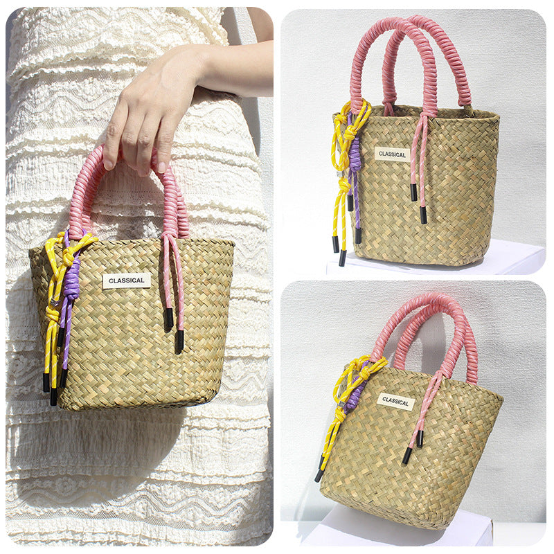Handmade Colorful Straw Woven Beach Basket Bag