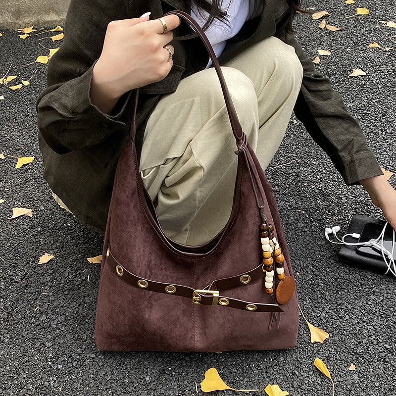 Soft Suede Texture Shoulder Bag with Studded Belt Detail