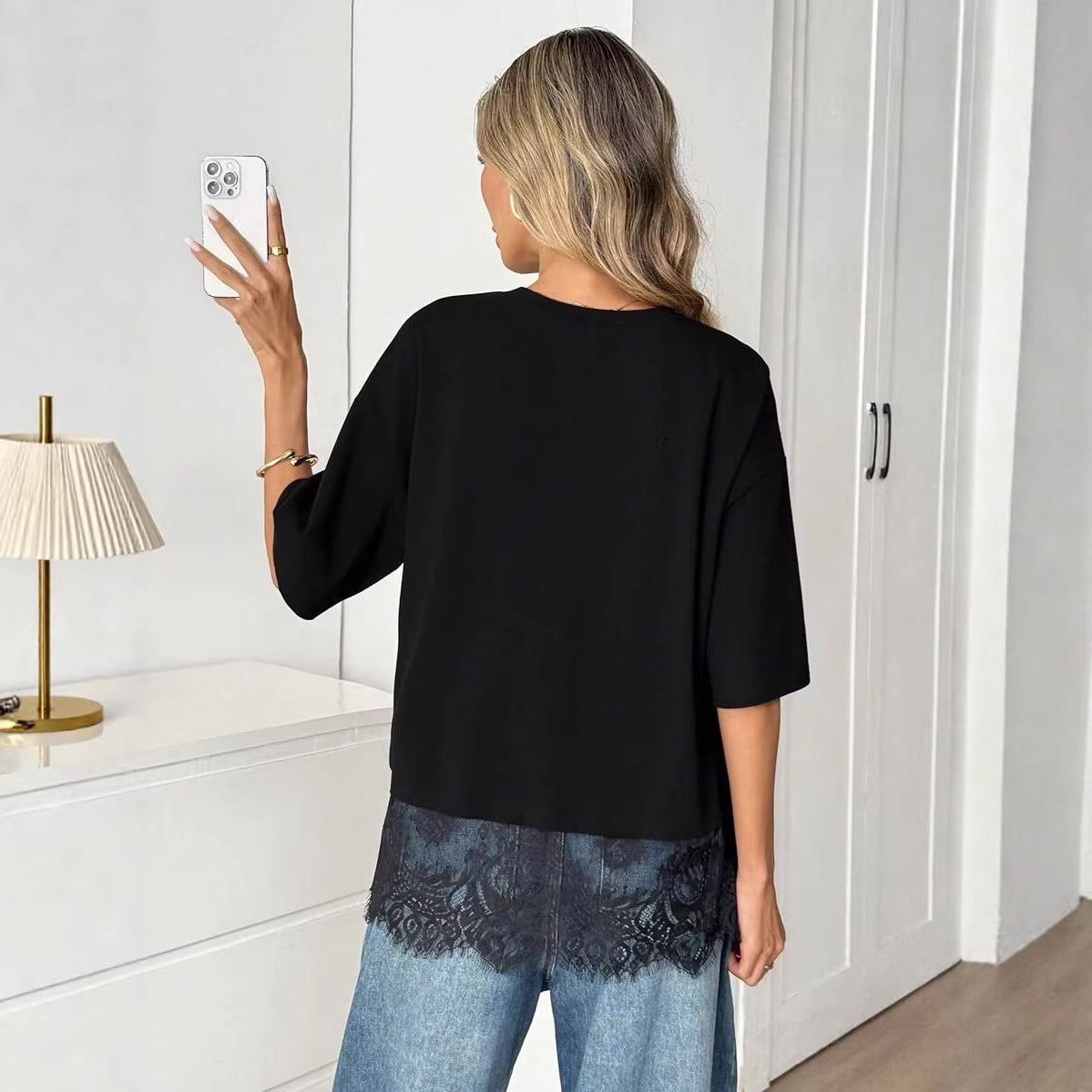 Women Round Neck Lace Splicing Loose T-Shirt