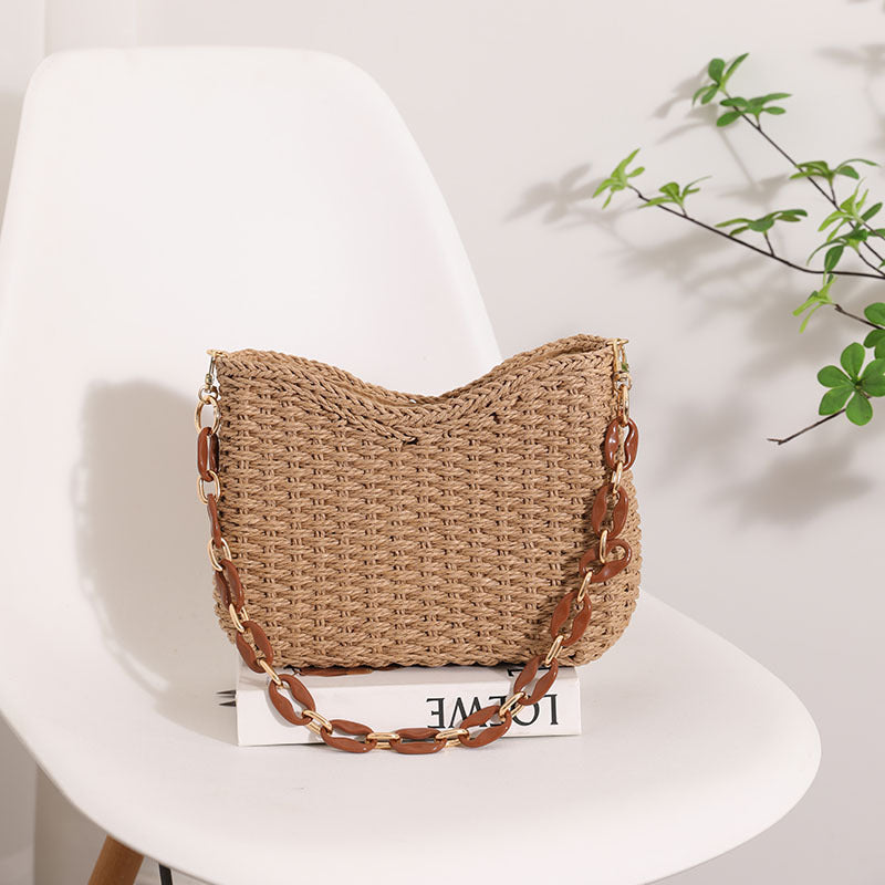 Women Purple Straw Woven Shoulder Solid Beach Tote Bag