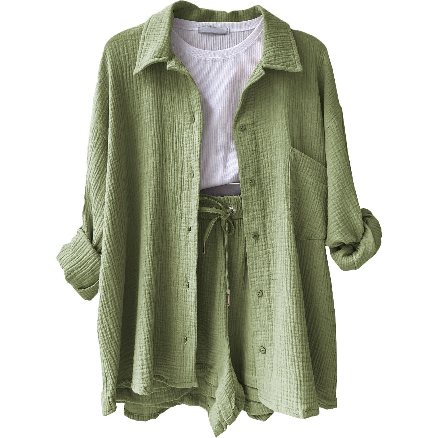 European And American Clothing Two-Piece Set Wrinkled Lapel Long-Sleeved Shirt High-Waisted Drawstring Shorts Large Size Fashion Casual Suit