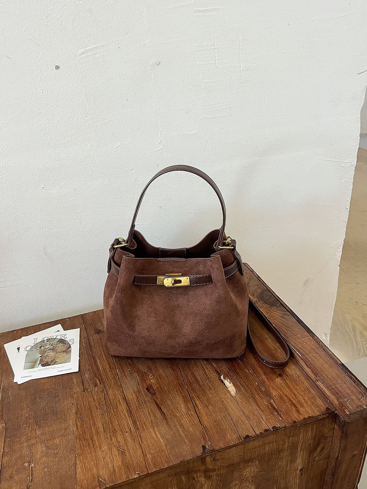 Suede Look Mini Bucket Bag with Metal Lock Detail and Adjustable Strap