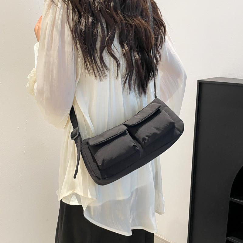 Cross-Border Waterproof Nylon Cloth Bag Ins Shoulder Bag 2025 Popular Women'S Bag Niche Style High-End Double Pocket Crossbody Bag