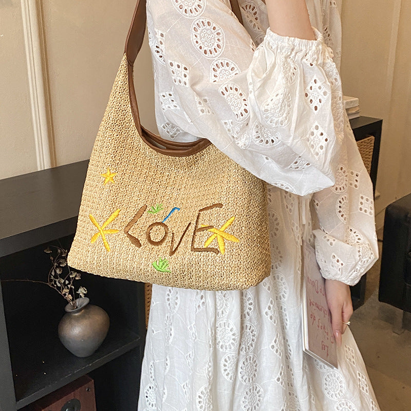 Women Korean Letter Woven Straw 2026 New Relaxed Large Beach Shoulder Tote Bag