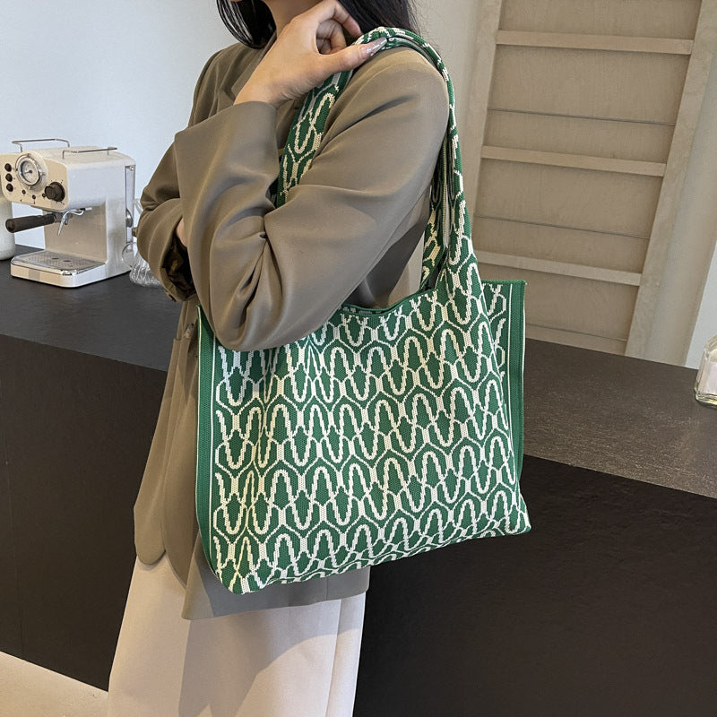 Geometric Pattern Knit Shoulder Tote Bag with Wide Straps