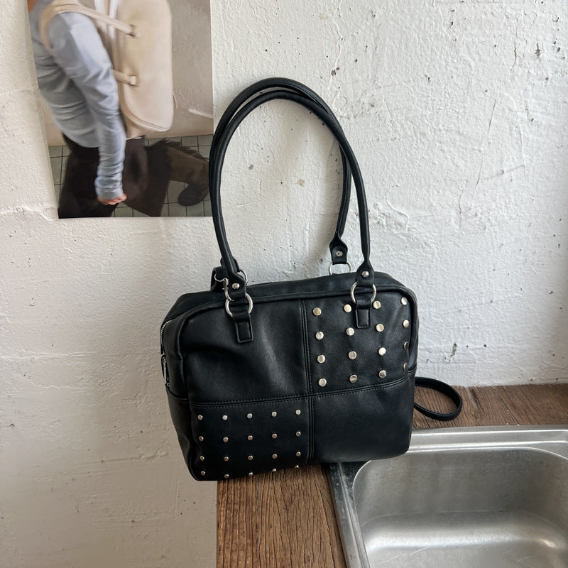 Vintage Studded Satchel Bag with Crossbody Strap