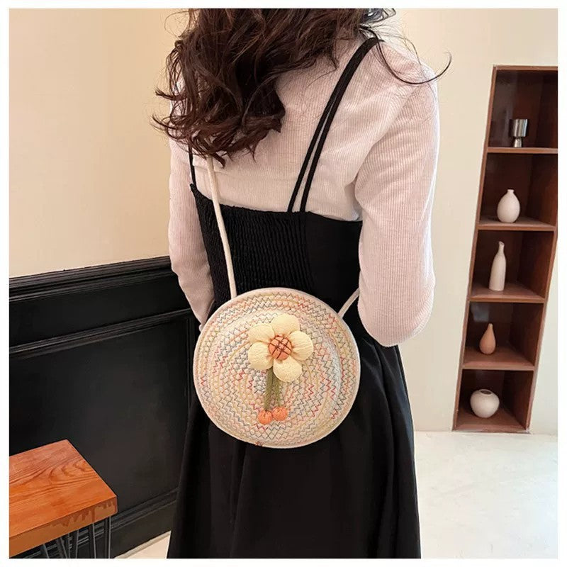 Women 2026 Summer Fashion Unique Straw Woven Crossbody Small Round Bag