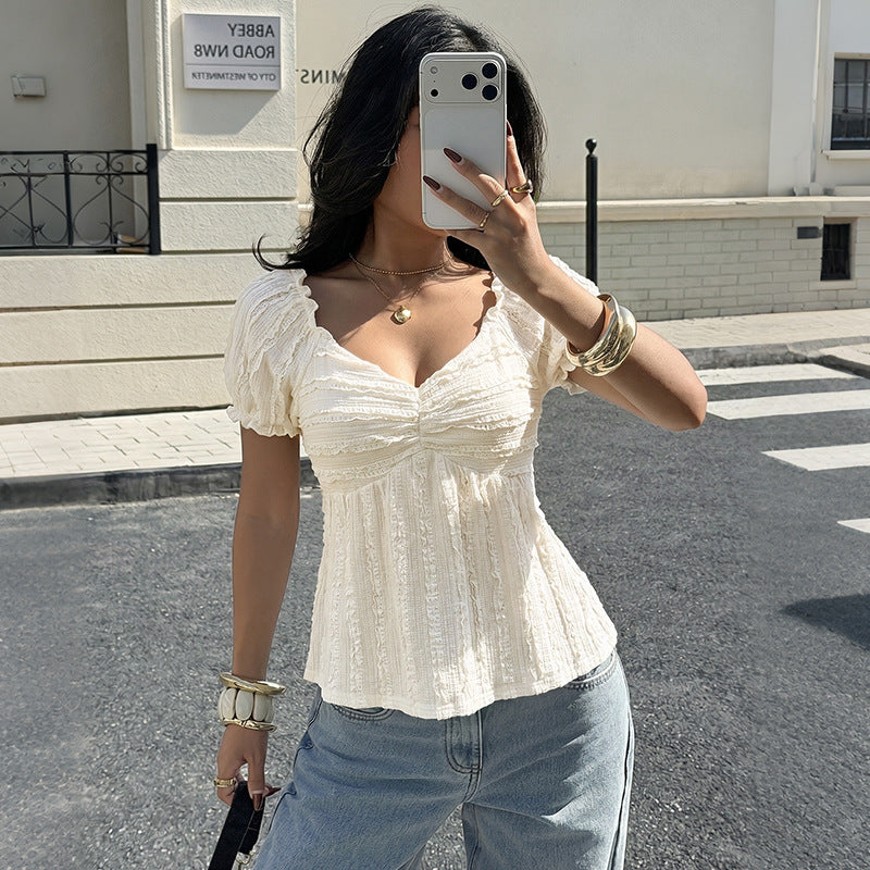 2026 New Soft Solid V Neck Jacquard Ruched Puff Sleeve Top