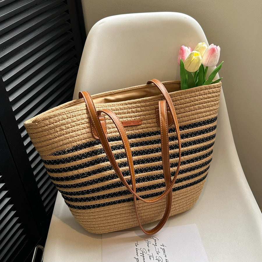 Women Fashion Straw Large Hollow Tote Beach Cotton Handheld Bag