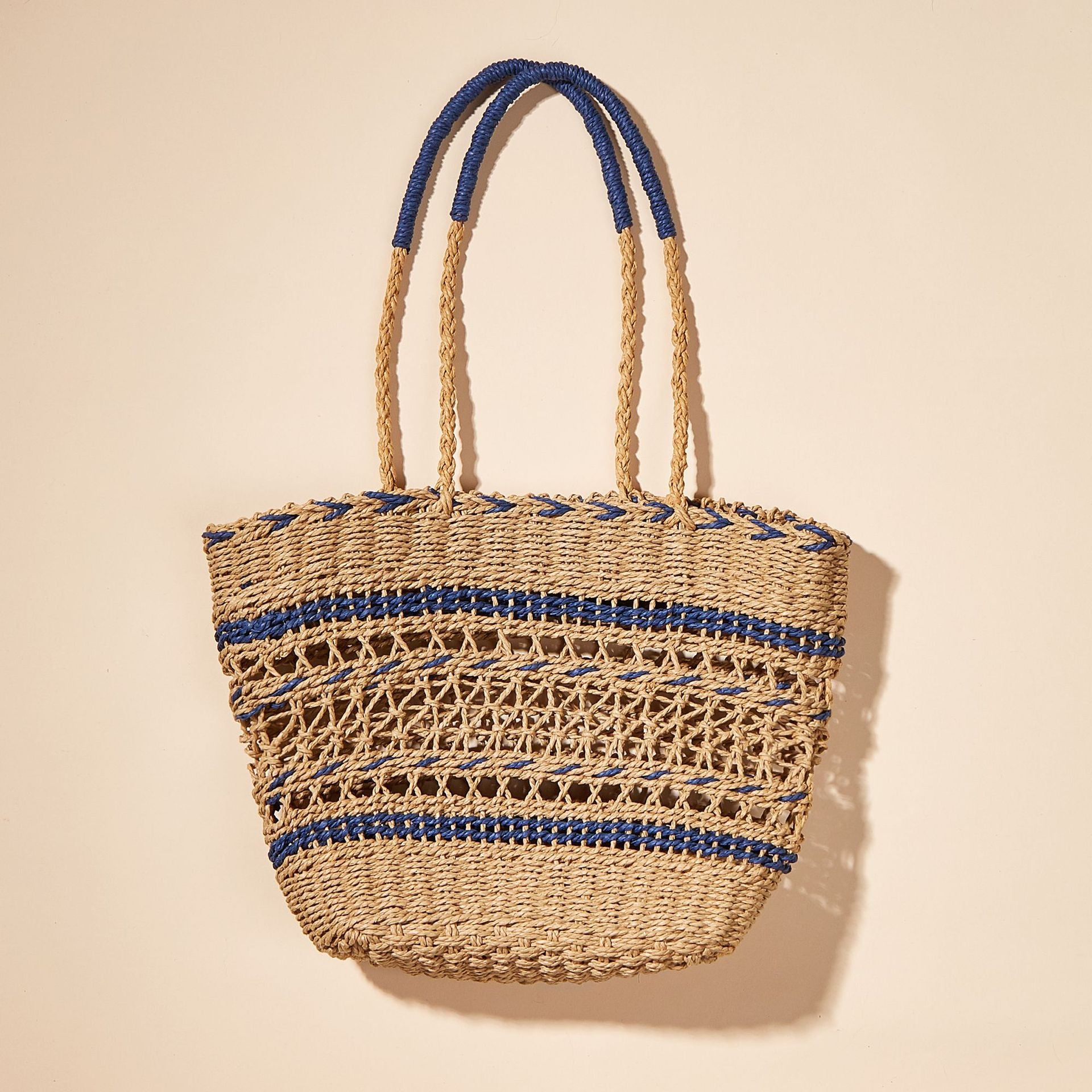 Hollow Woven Paper Rope Contrast Color Straw Bag