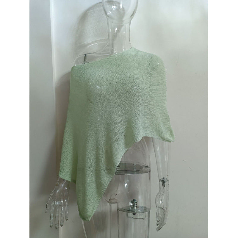 2025 Design Irregular Cape Shawl Sun Protection Shirt Women'S Season Loose Lazy Thin Ice Silk Knitted Sweater Top
