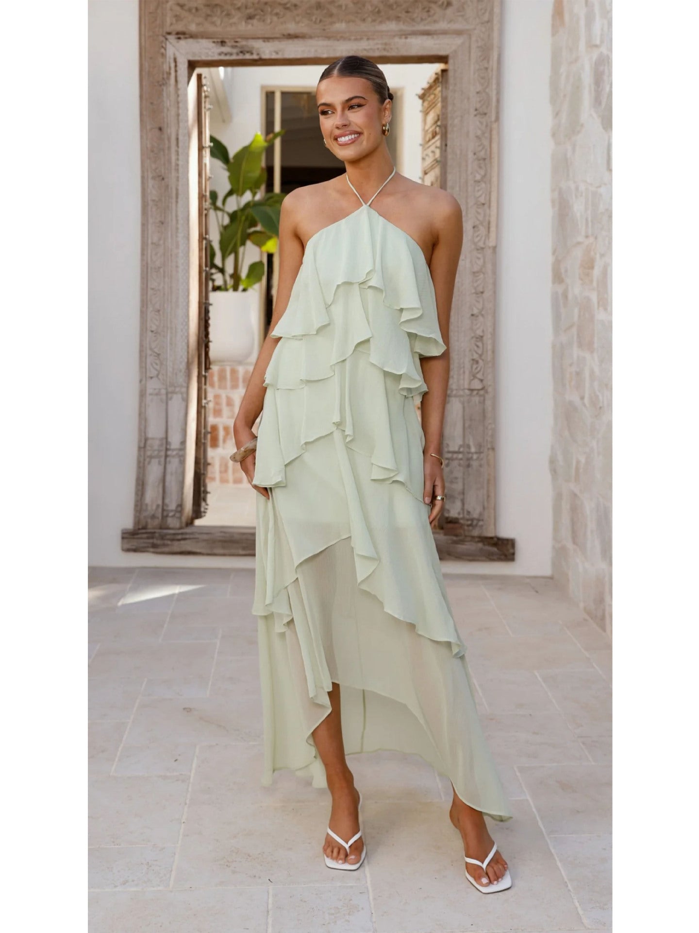 Ruffled Elegant Halter Neck Cake Chiffon Dress