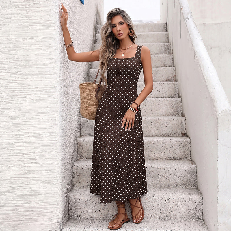 2026 Summer New Vintage Polka Dot Square Neck Waist Cinch Maxi Dress