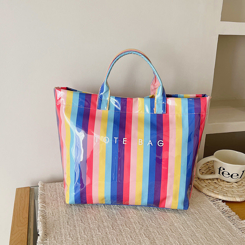 Vertical Stripe Rainbow PVC Tote Bag