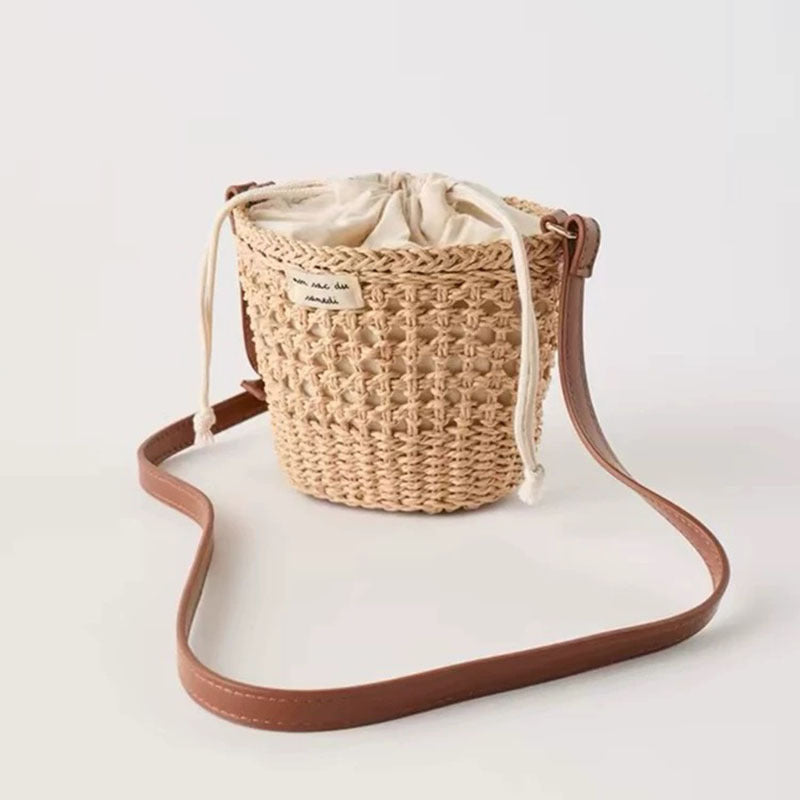 Women Cute Hollow Straw Bucket Bag, Vacation Beach Crossbody Shoulder Bag