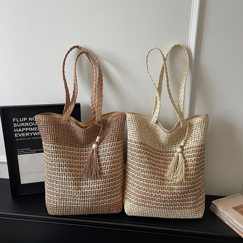 Women Lazy Woven 2026 New Tassel Straw Beach Large Shoulder Bag
