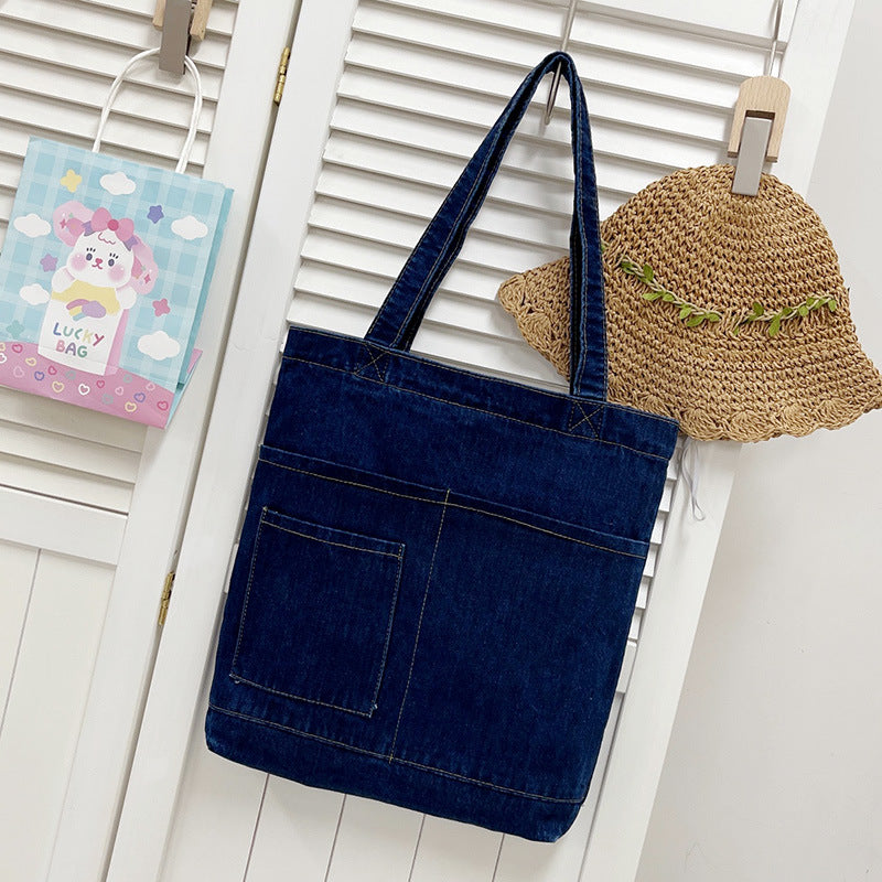 Cross-Border Denim Bag Shoulder Bag Women'S Casual Simple Korean Style Girls' Tote Bag Canvas Student Portable Tutoring Bag