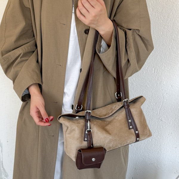 Vintage Suede Shoulder Bag with Mini Pouch and Adjustable Strap