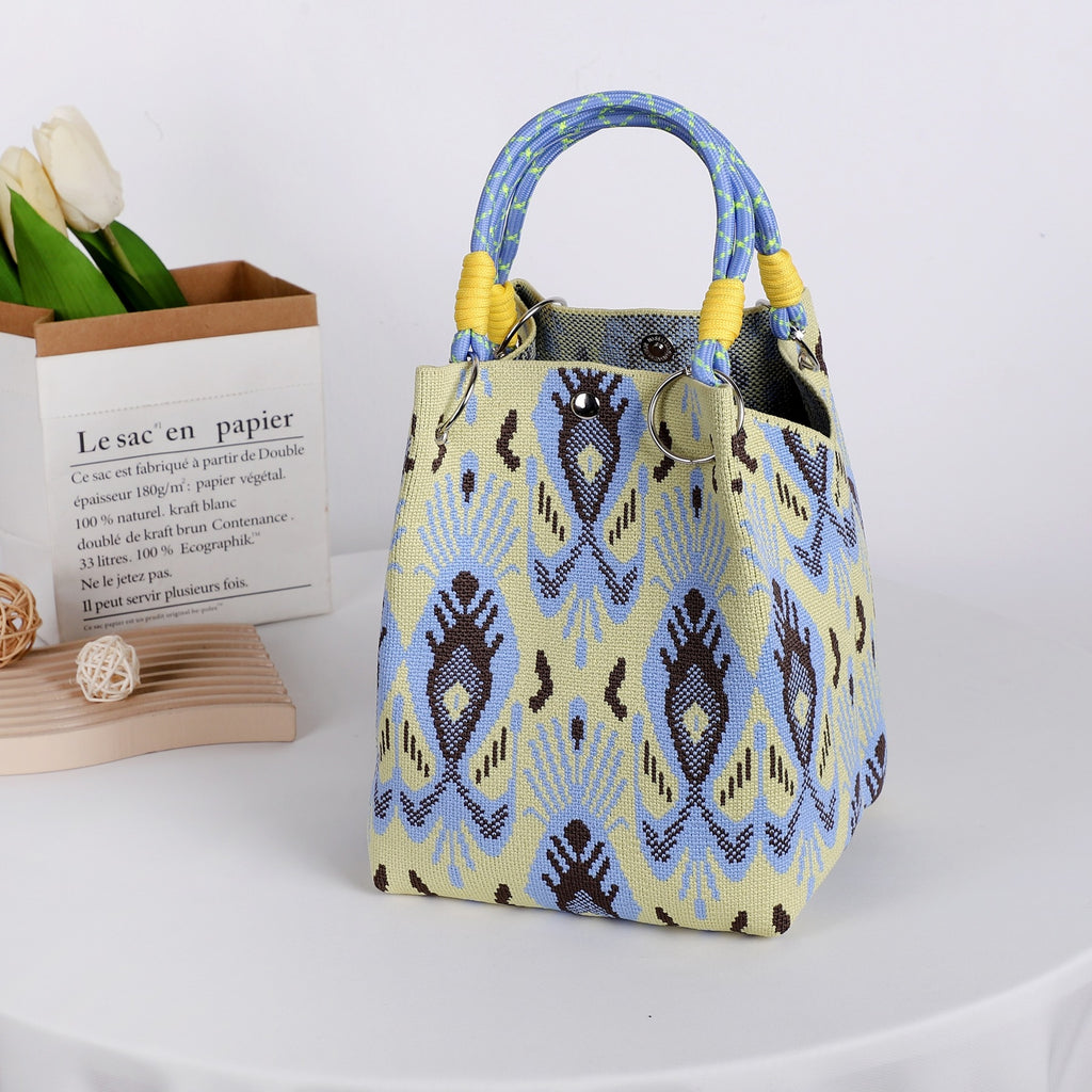 Boho Geometric Knit Tote Bag with Rope Handles