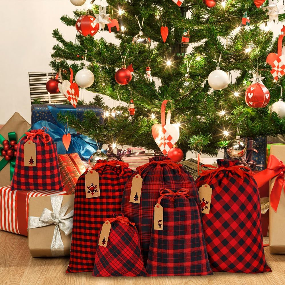 Red Buffalo Plaid Christmas Drawstring Gift Bags