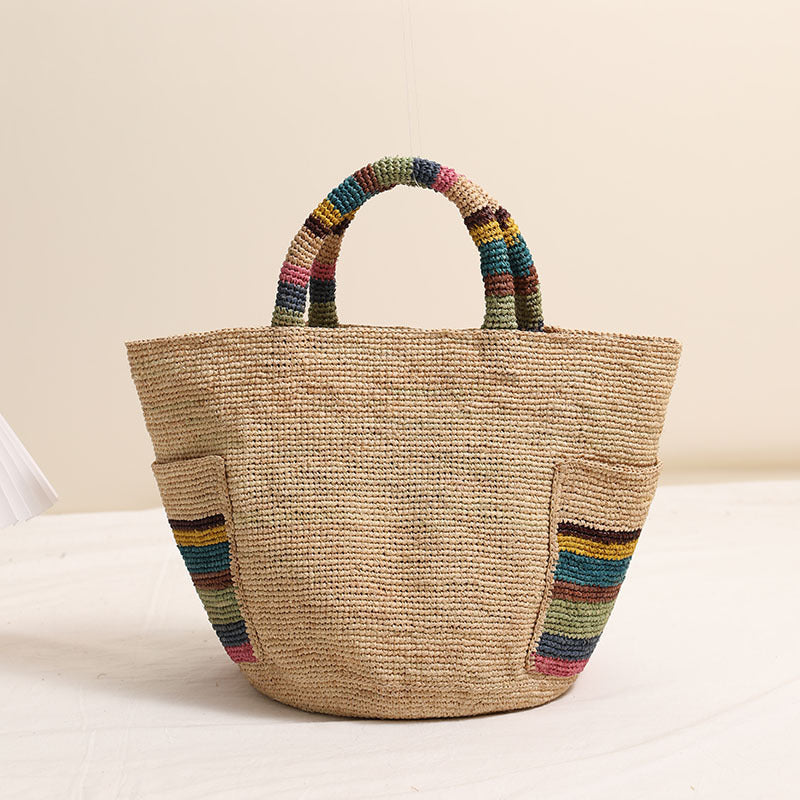 Women Premium Raffia Handheld Straw New Colorful Woven Beach Bag