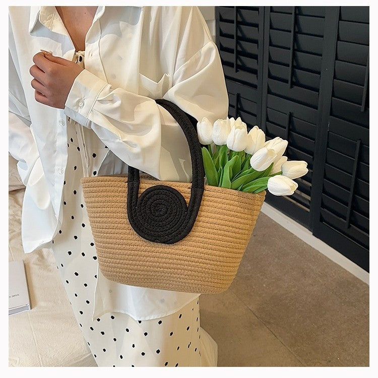 Retro Contrast Color Splicing Cotton Woven Large Capacity Simple Fashion Shoulder Handbag