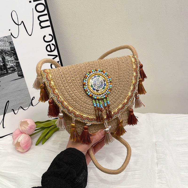 Women's Tassel Braided Shell Beach Crossbody Bag
