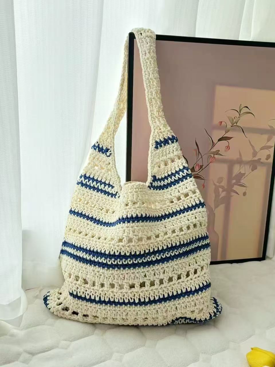 Striped Shoulder Cotton Woven New Large Hollow Straw Beach Bag