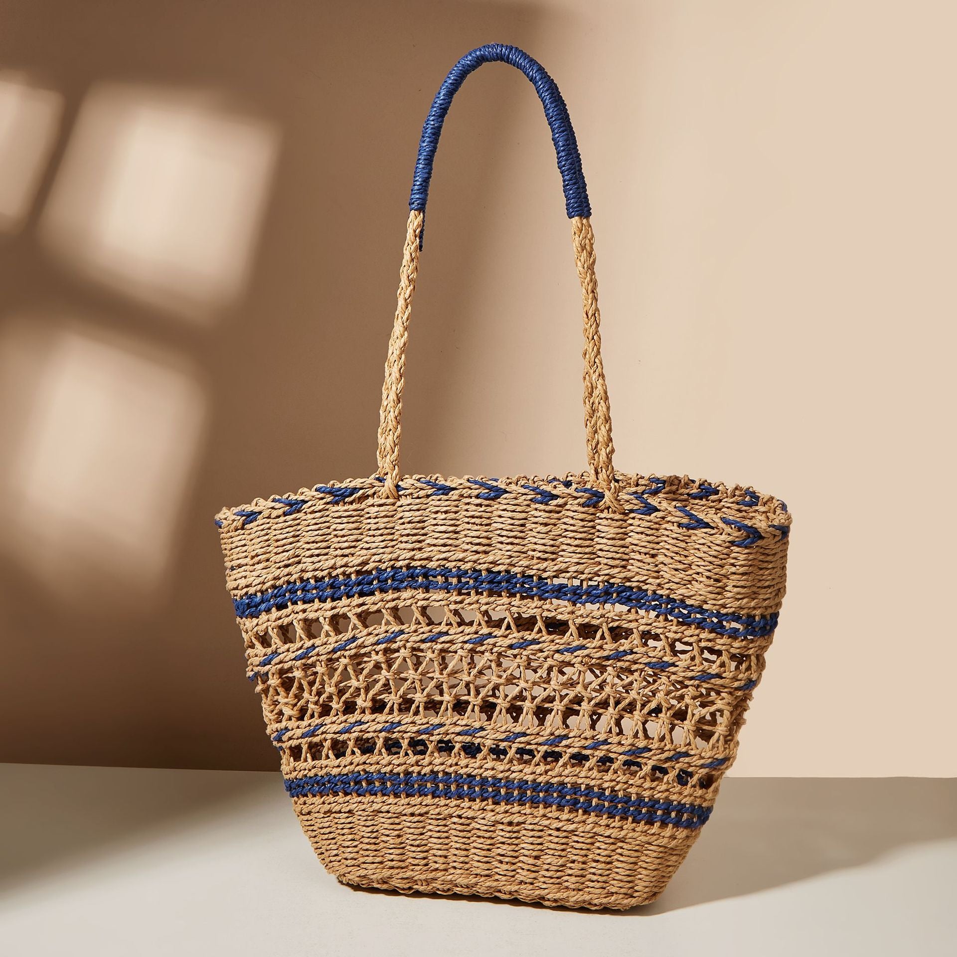 Hollow Woven Paper Rope Contrast Color Straw Bag