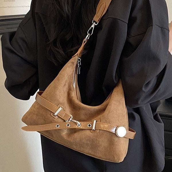 Soft Suede Belted Hobo Shoulder Bag
