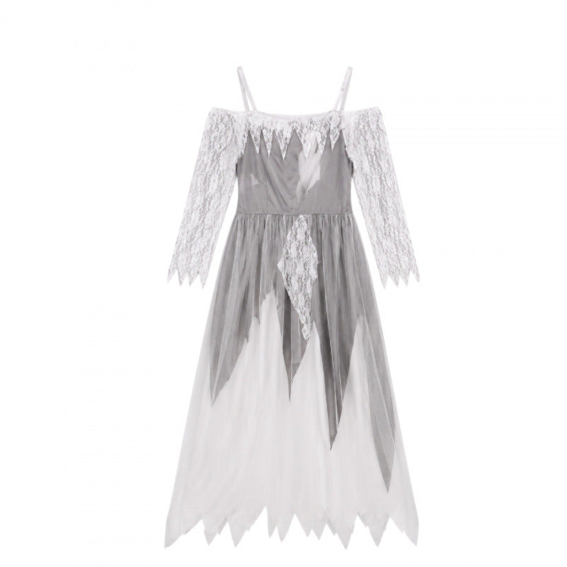 Halloween Ghost Bride Costume Dress with Lace Sleeves and Veil