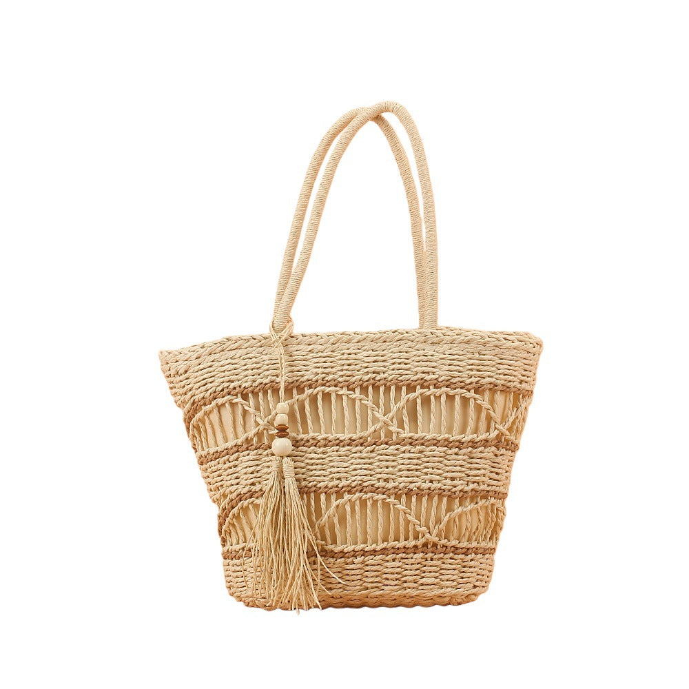 Women Hollow Paper Rope Straw Woven Tassel Travel Vacation Beach Crossbody Shoulder Bag