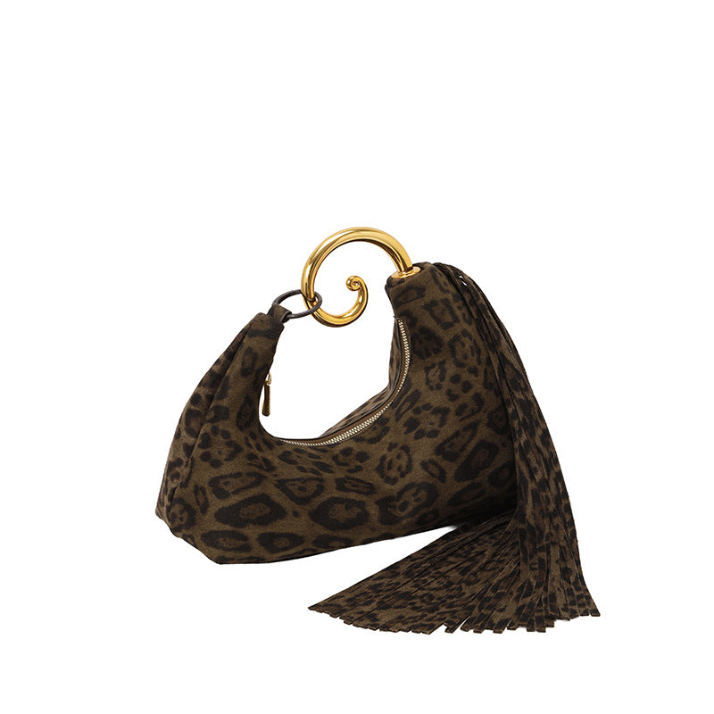 Suede Fringe Handbag with Metal Ring Handle