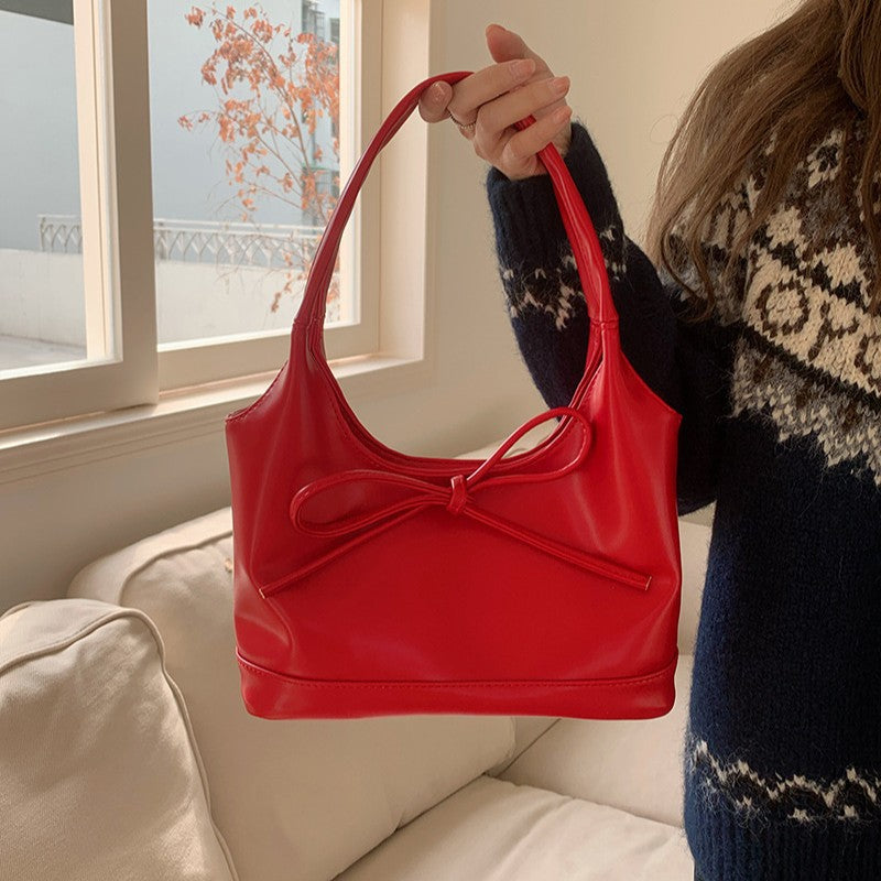 Women Retro Red Bow Large Capacity Shoulder Tote Bag