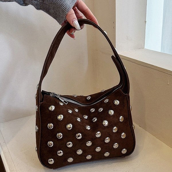 Suede Studded Shoulder Bag with Sleek Zipper Closure