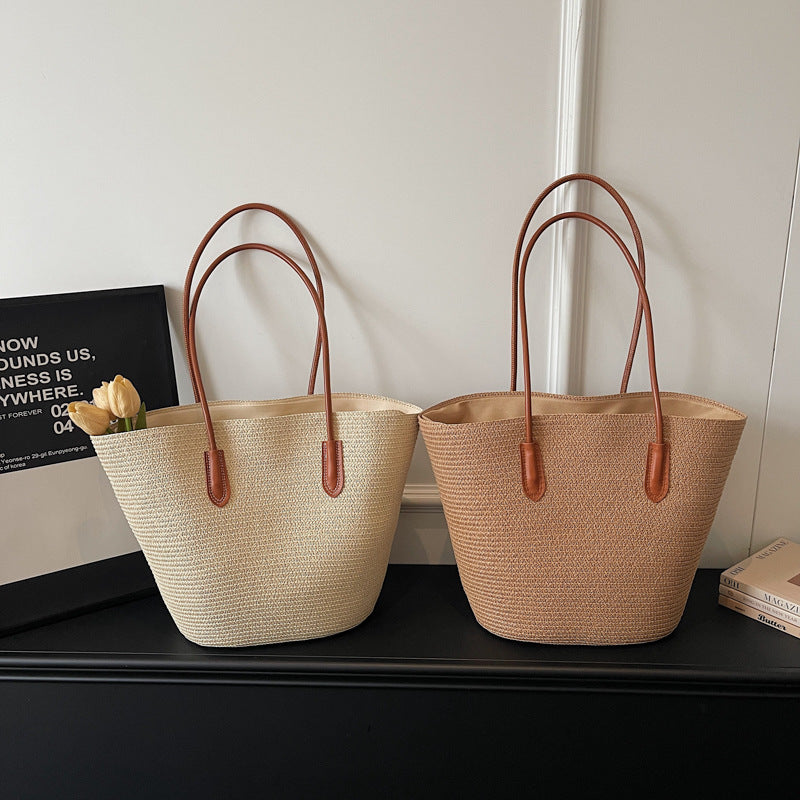 Women Trendy Shoulder Straw New Large Woven Beach Handheld Tote Bag