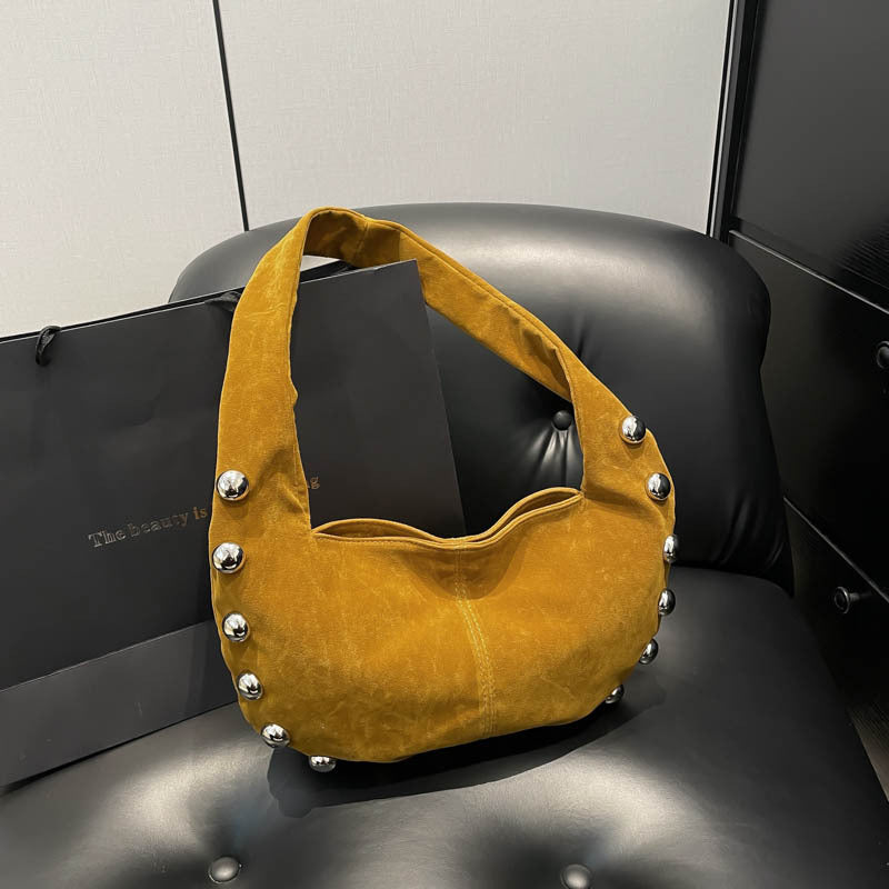 Suede Studded Hobo Shoulder Bag