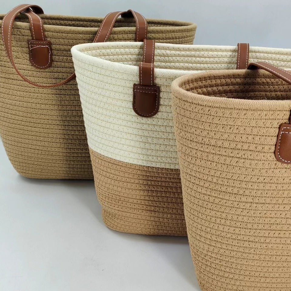 Women Cotton Rope Straw Large Korean Style New Woven Shoulder Tote Bag