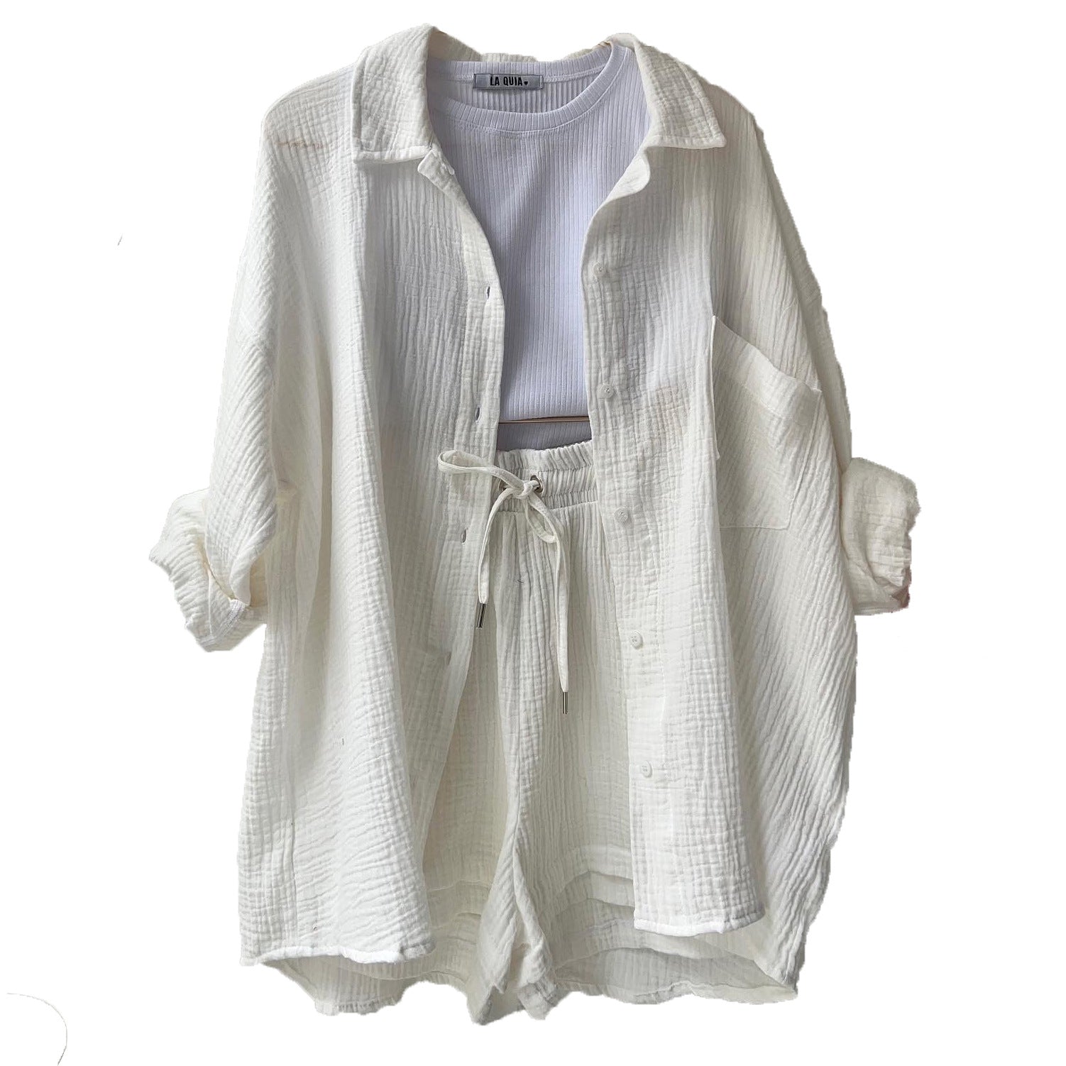 European And American Clothing Two-Piece Set Wrinkled Lapel Long-Sleeved Shirt High-Waisted Drawstring Shorts Large Size Fashion Casual Suit