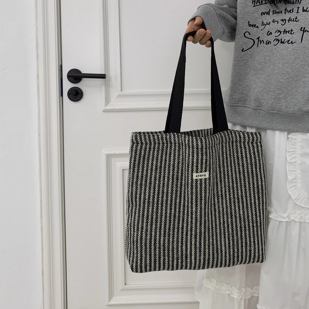 2026 Women Color Block Striped Canvas Tote Bag