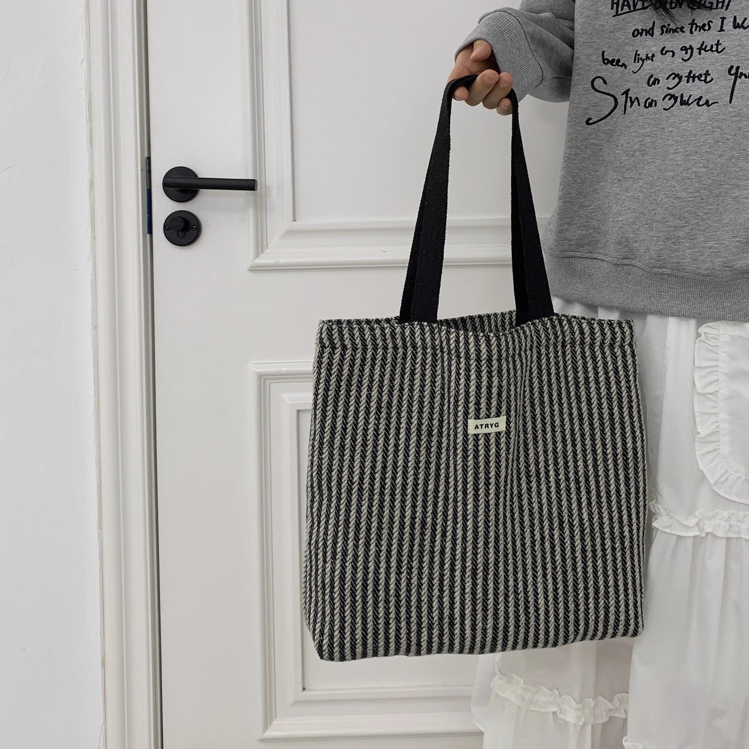 2026 Women Color Block Striped Canvas Tote Bag