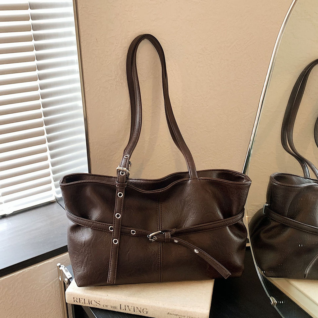 PU Leather Shoulder Tote Bag with Chic Belted Details