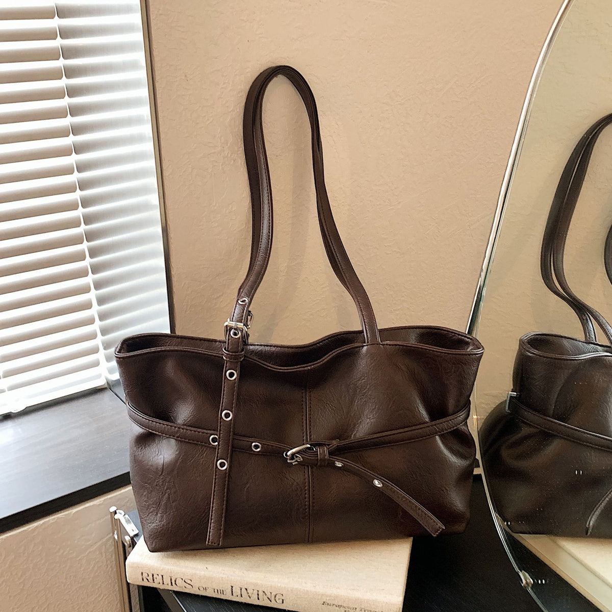 PU Leather Shoulder Tote Bag with Chic Belted Details